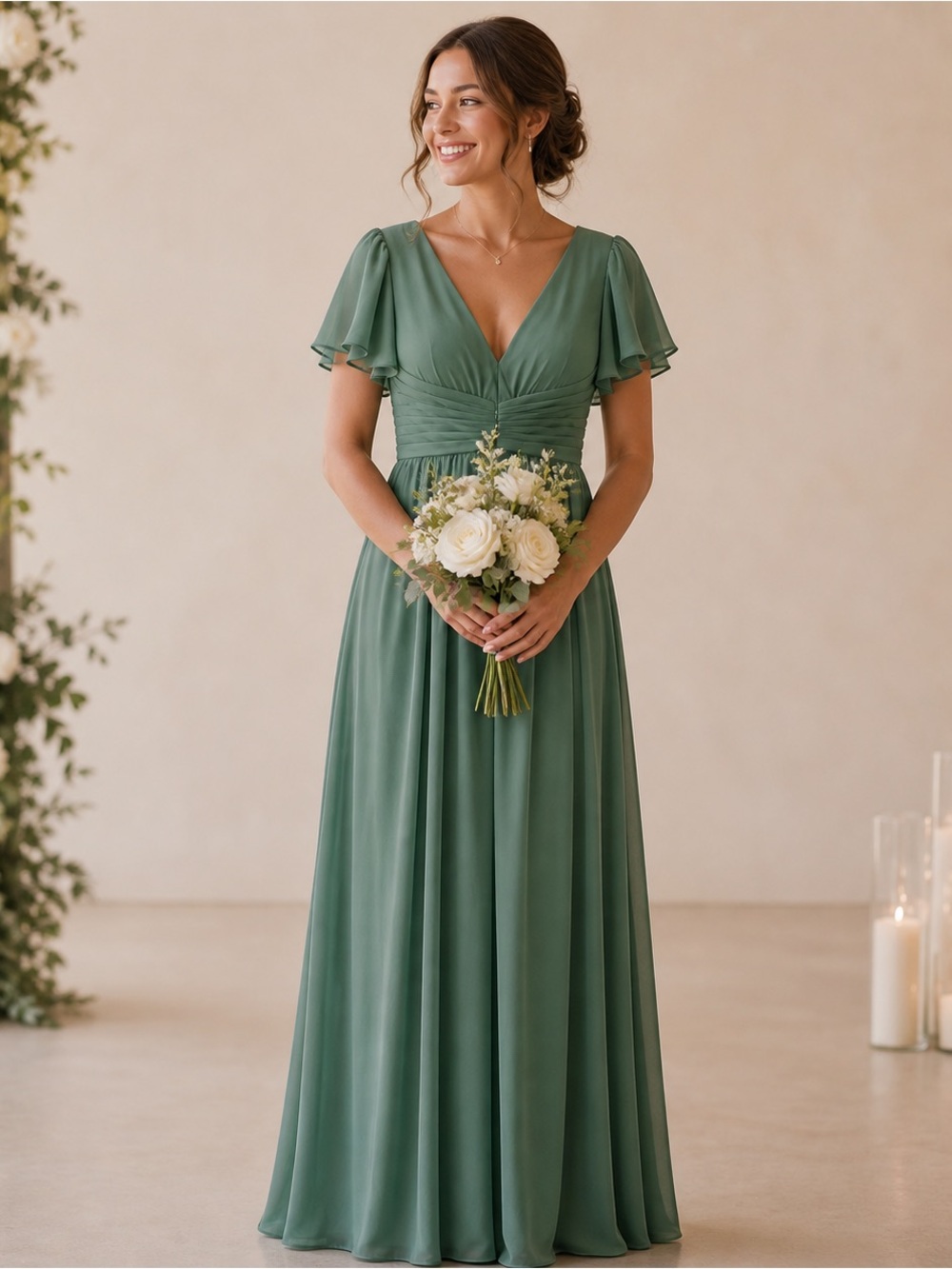 NWT Azazie Sage Green V-Neck Flutter Sleeve Maxi Dress bridesmaid formal gown A8
